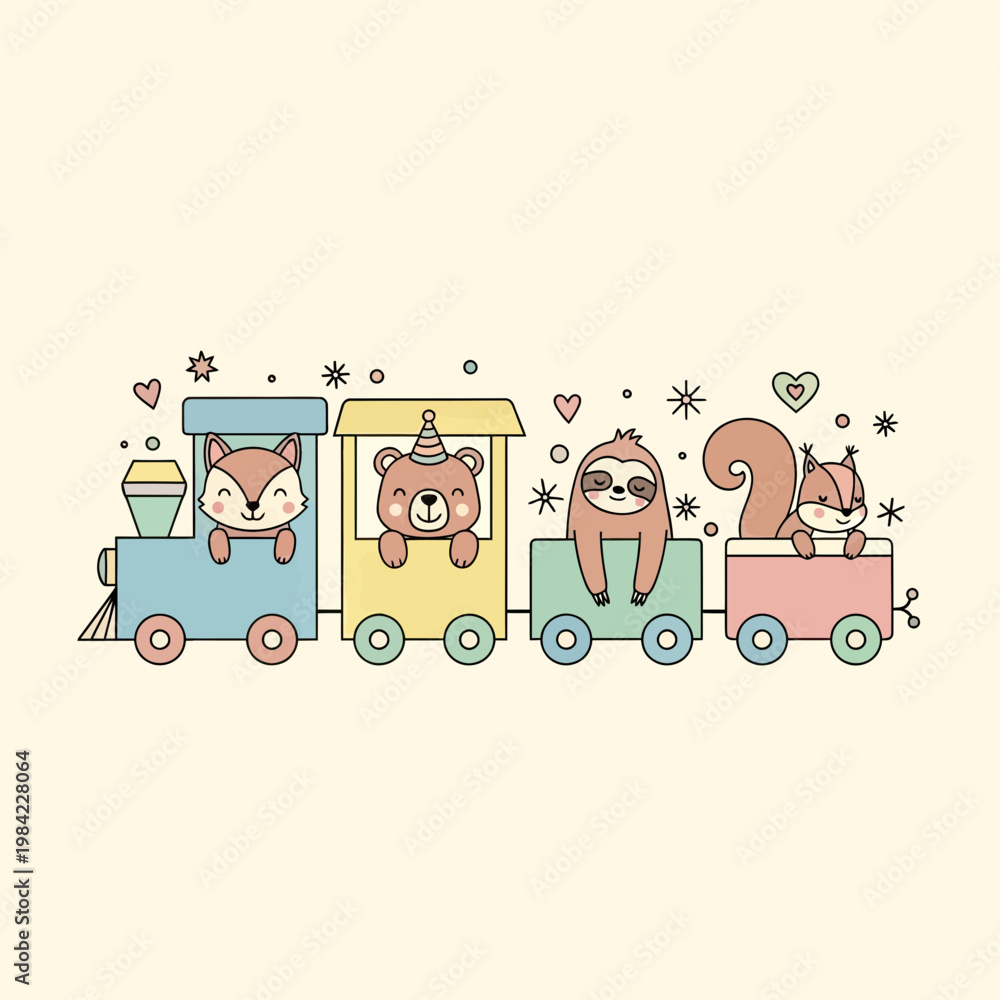 Fototapeta premium Cute Forest Animals on a Toy Train Vector Illustration, Featuring Fox, Bear with Party Hat, Sloth, and Squirrel for Nursery and Kids Design