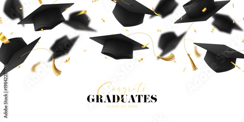 Falling Graduation Caps And Golden Confetti. Realistic vector  3d graduation caps, golden confetti on light background. Decorative template for design of graduation in college, school, university.