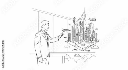 Man in suit gestures towards a futuristic floating city with aircraft and clouds