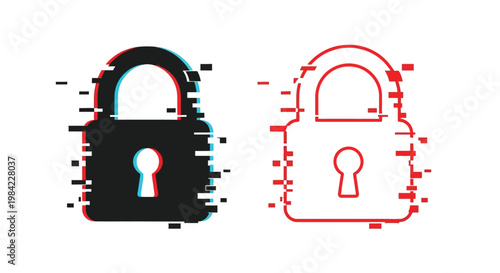 Glitch effect applied to a black and red padlock icon illustration