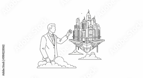 Man in suit reaches towards a floating city on clouds