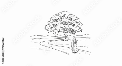Lone figure walks along a winding road towards a large, fruit-laden tree
