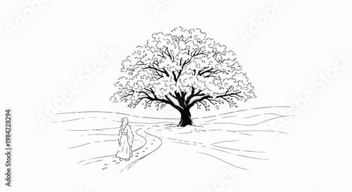 Lone figure walks on a path toward a majestic, sprawling tree