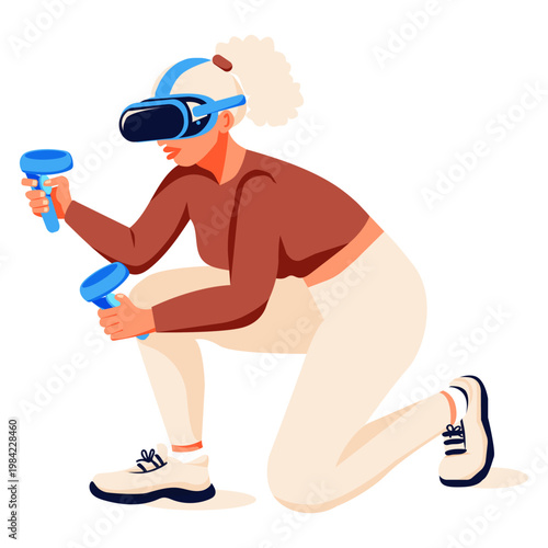 Player VR game use VR headsets and joystick.Woman with VR goggles in augmented reality playing game on virtual screen. Modern entertainment. Vector illustration