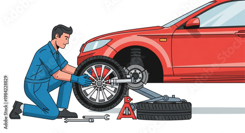 Mechanic changing a car tire with tools and spare wheel.