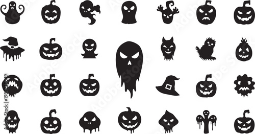Halloween icons and symbols in black silhouette style