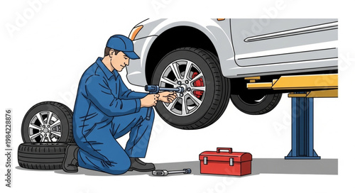 Mechanic changing car tire on lift with tools and spare tires.