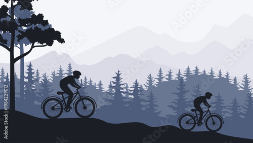 Silhouette of mountain bike riders and pine forest