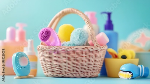 Basket full of various baby products bathroom accessories and toys on a colourful background