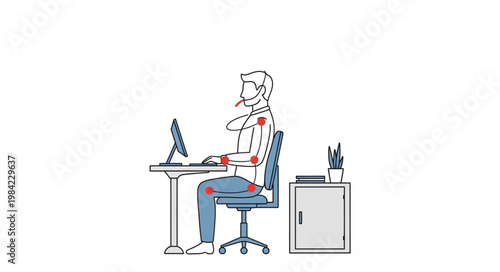 Man Sitting at Desk with Pain Points Highlighted.
