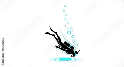 A scuba diver swims underwater with bubbles