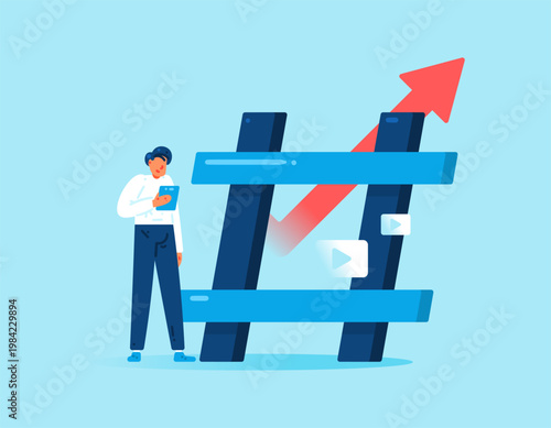 Hashtag optimization concept. Illustration of a man with a large hash symbol and an upward arrow. Using hashtags to attract audiences, increase revenue, and grow social media. Metaphor, flat style