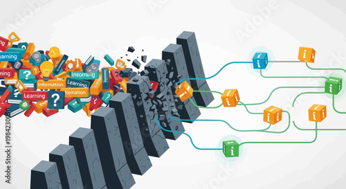 Press freedom day, Business process, workflow automation, domino effect, colorful puzzle pieces, vector illustration