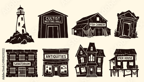 Mysterious eldritch coastal village architectural icons for dark fantasy and horror game design