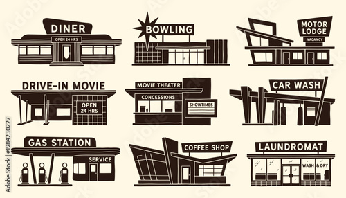 Vintage Mid Century Roadside Architecture Icons in Retro Googie Style