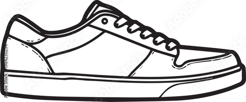 A minimalist black and white line art illustration of a sleek athletic shoe showcases modern design.