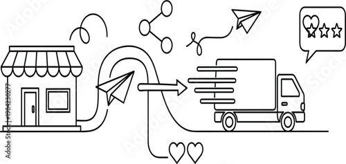 Ecommerce Delivery Line Illustration with Online Store Paper Plane Shipping Truck Customer Review and Digital Order Process for Business Logistics Design