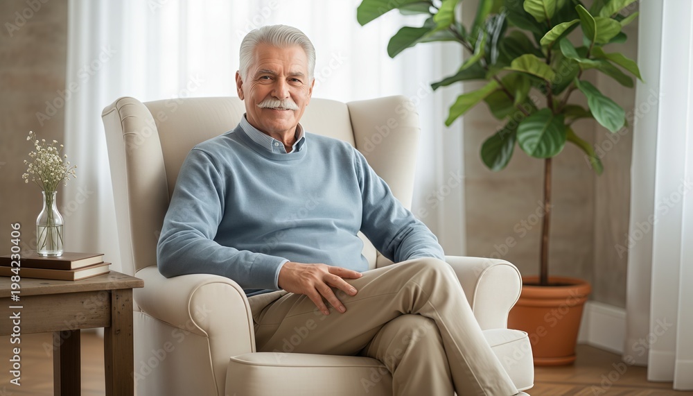 Fototapeta premium Senior man sitting comfortably in a beige armchair at home with a plant nearby