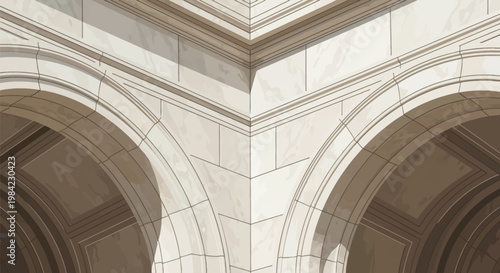 Vector illustration of classical architectural details featuring stone arches, vaulted ceiling components, and intricate moldings in a neutral beige and tan color palette.