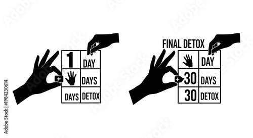 Hand illustrations depicting a 1-day and a 30-day detox timeline process Vector, illustration