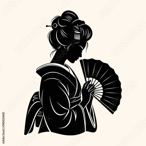 Elegant Japanese Geisha Silhouette Wearing Traditional Kimono and Holding a Folding Fan, Minimalist Oriental Culture Vector Illustration