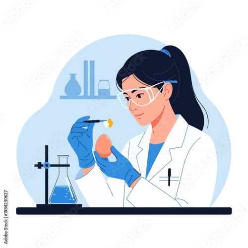 Female scientist in a white lab coat, blue gloves, and safety goggles performing a procedure on a brown egg using a precision tool in a laboratory with flasks and equipment.