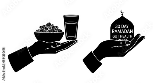 Hands holding dates and a glass of water with a ramadan greeting sign Vector, illustration