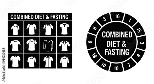 Wheel and grid chart illustrating combined diet and fasting methods for weight loss Vector, illustration
