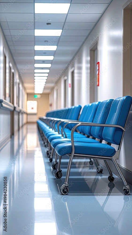 Obraz premium A row of blue waiting room chairs in a hospital hallway.