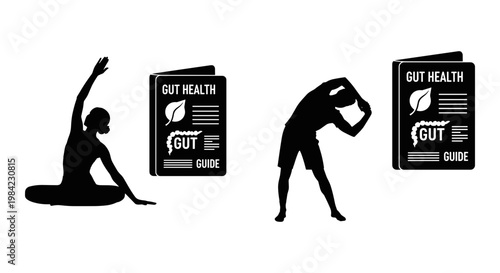 Dynamic yoga postures with fitness booklets emphasizing core and flexibility exercises. Vector, illustration