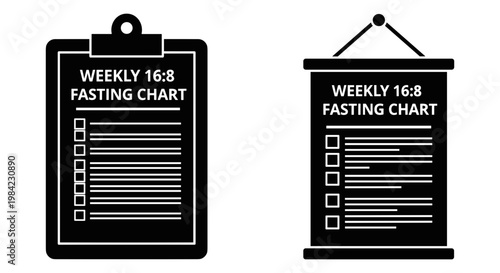 Weekly 16:8 fasting chart displayed on clipboards for diet tracking Vector, illustration