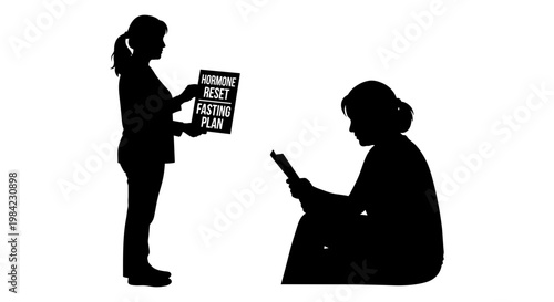 A young person showing a book to a seated elderly reader in a quiet moment Vector, illustration