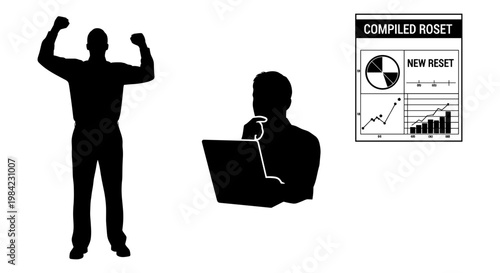 Confident professional celebrating completed project success with analytics dashboard. Vector, illustration