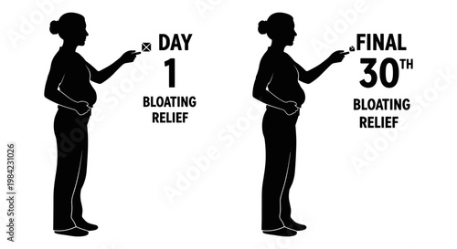 Progressive bloating relief through a 30-day routine with consistent stretching exercises. Vector, illustration