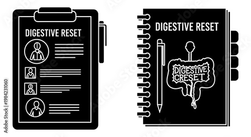 Digestive reset checklist and anatomy illustration on a notebook Vector, illustration