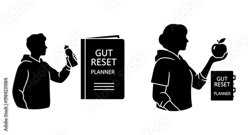 Two individuals embracing the gut reset planner for healthier lifestyle choices Vector, illustration