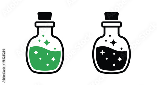 Two potion bottles one green and one dark with sparkling contents