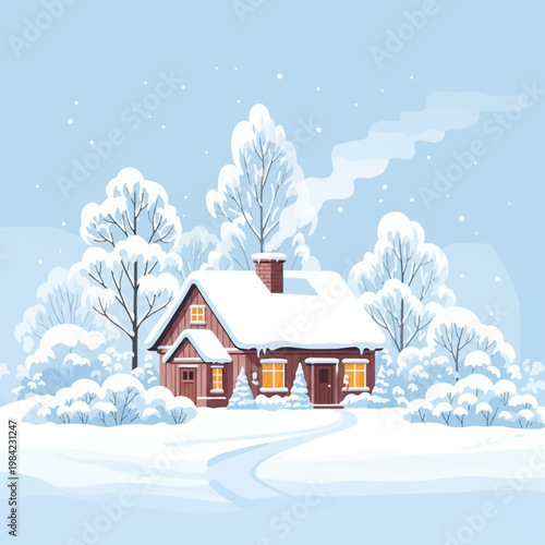 Flat vector illustration of a cozy wooden house with a snow-covered roof, smoking brick chimney, and glowing windows situated in a snowy landscape with white trees and a blue sky.