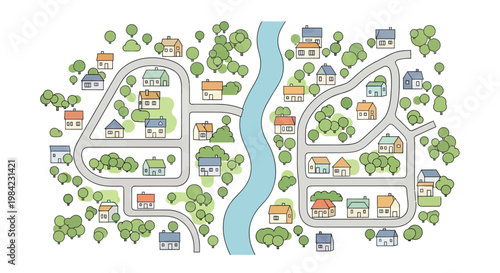 Hand drawn aerial view of a suburban neighborhood map with colorful houses, winding roads, a river, and green trees in a residential community area.