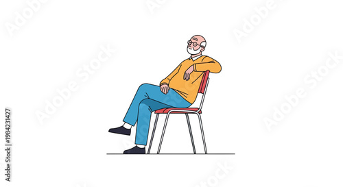 Happy Elderly Man Sitting on a Chair and Relaxing Isolated on White Background
