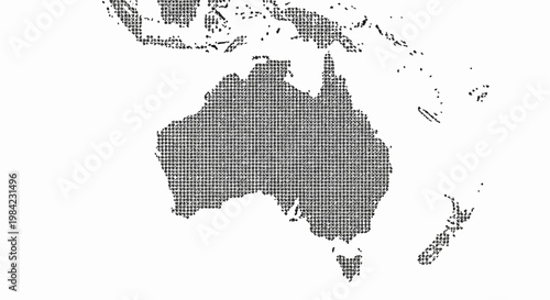 Minimalist black halftone dot pattern map showing the continent of Australia, New Zealand, and surrounding islands of Oceania isolated on a clean white background for graphic design.