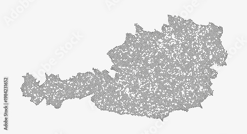 Detailed map of Austria composed of black halftone dots on a white background, featuring a pointillism style silhouette of the European country with clean geographical borders.