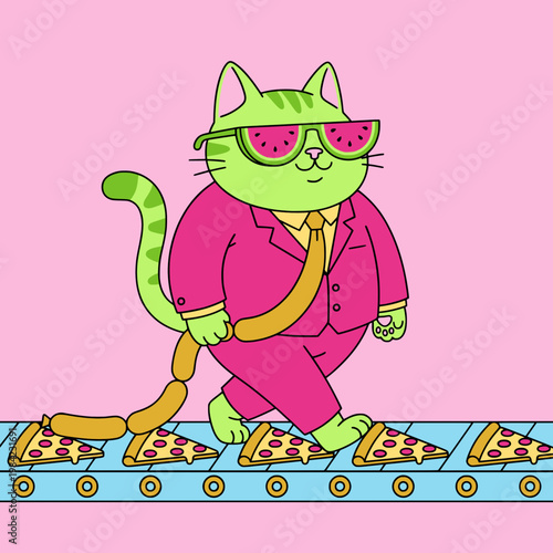 Quirky green cartoon cat in a pink suit walking on a pizza conveyor belt