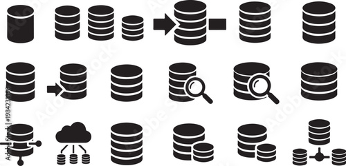 Database storage and management icons in black