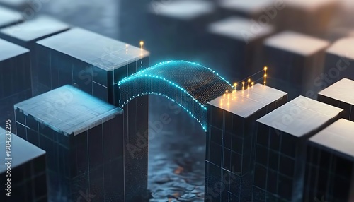 Futuristic Digital Bridge Over Water with Glowing Neon Data Lines