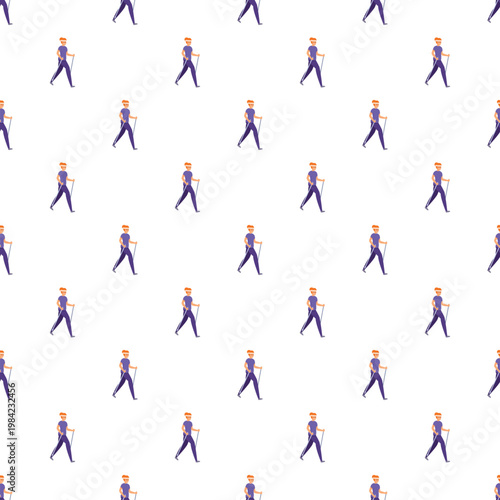 Animated characters repeating action of nordic walking on a white background