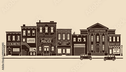 Vintage urban street scene with noir architecture and classic cars for historical storytelling