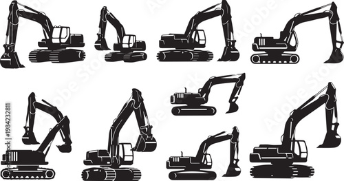 Excavator Silhouettes in Various Positions and Angles