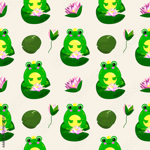Vector pattern with frog on a water lily, lotus flowers, water lilies. Pattern with pond plants.