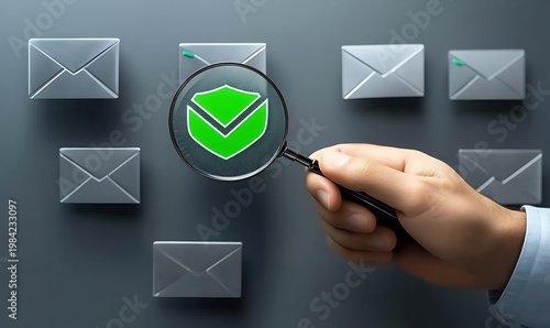 Hand Holding Magnifying Glass Over Email Envelope with Green Shield Security Icon